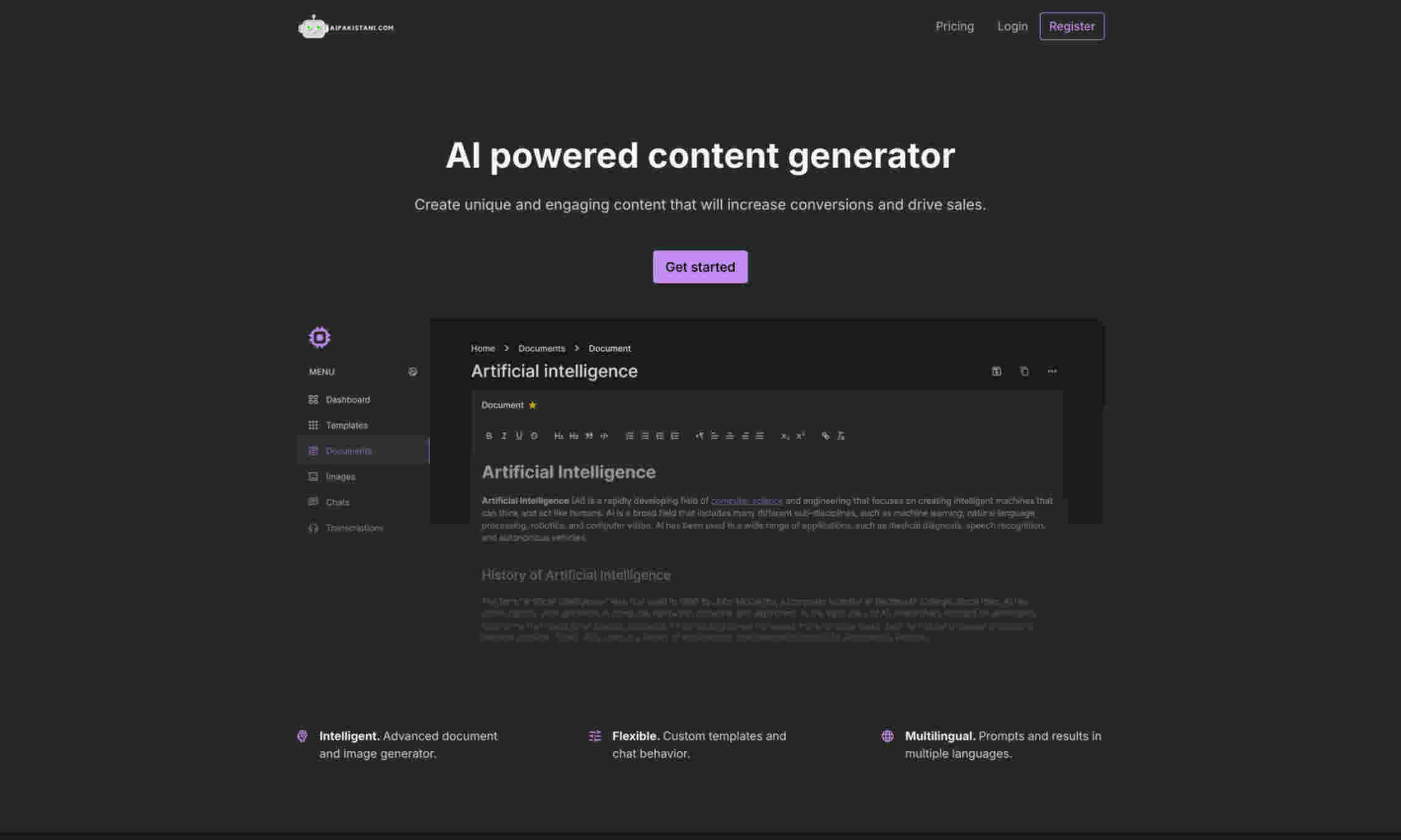 AI Powered Content Generator Homepage