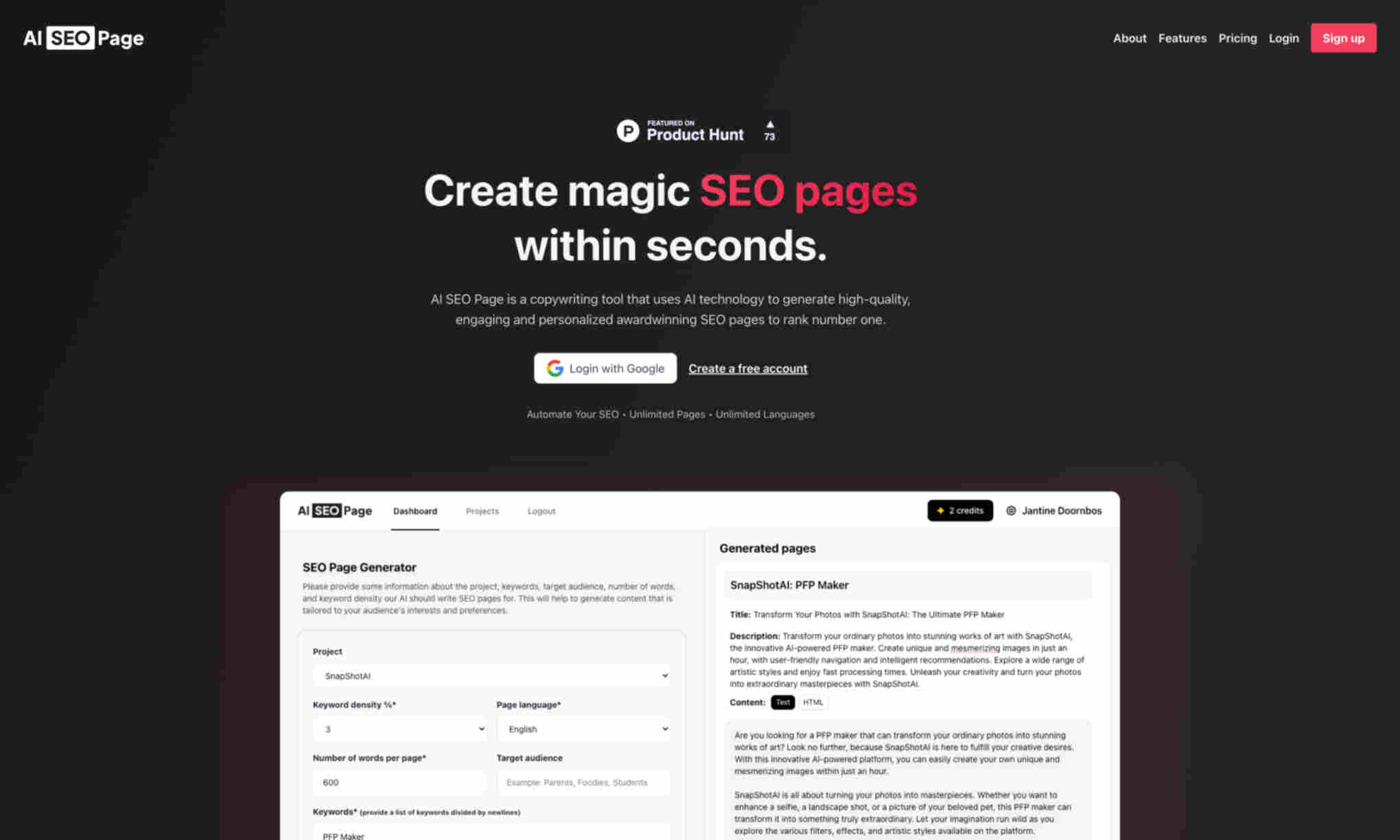 AI SEO Page Homepage