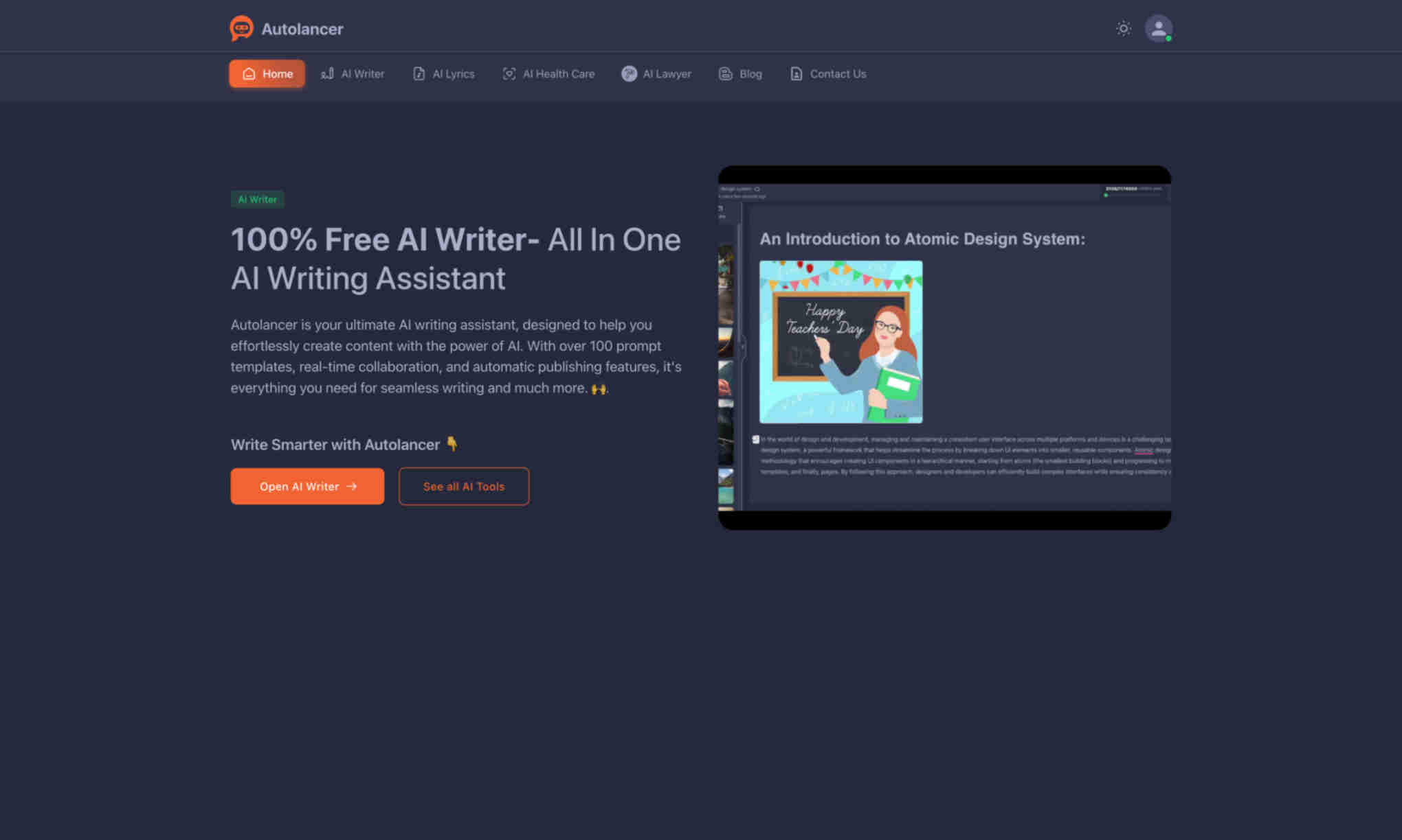 Autolancer AI Writer Homepage