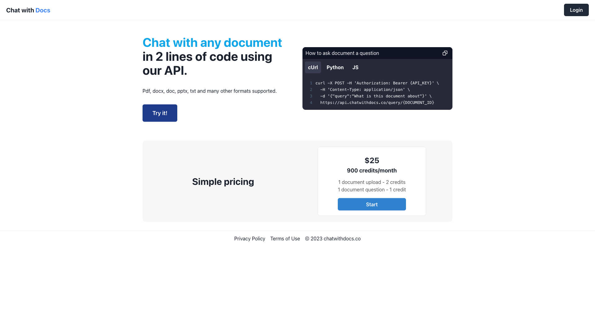 Chat with Docs Homepage