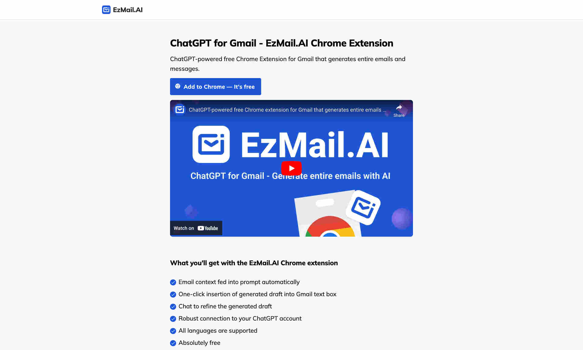 ChatGPT for Gmail - EzMail.AI Chrome Extension Homepage