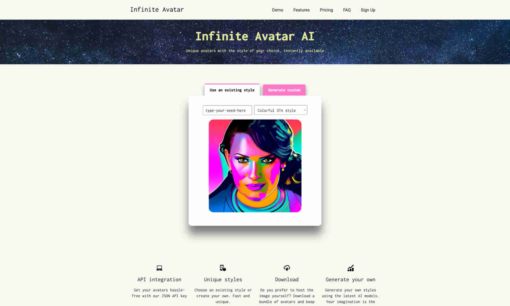 Infinite Avatar AI Homepage