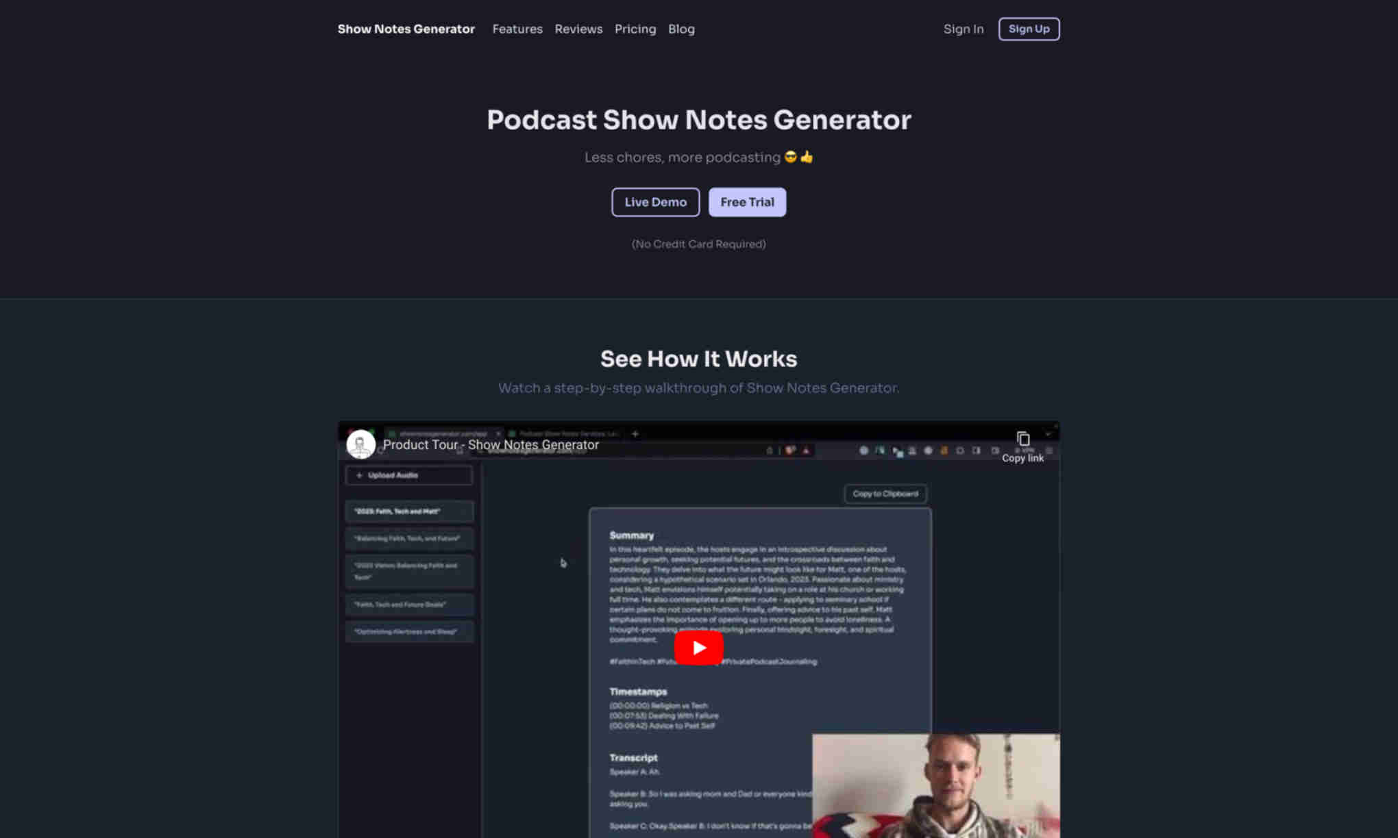 Podcast Show Notes Generator Homepage